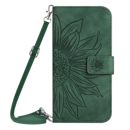 For iPhone 16 Plus Skin Feel Sun Flower Embossed Flip Leather Phone Case with Lanyard(Green) - iPhone 16 Plus Cases by buy2fix | Online Shopping UK | buy2fix