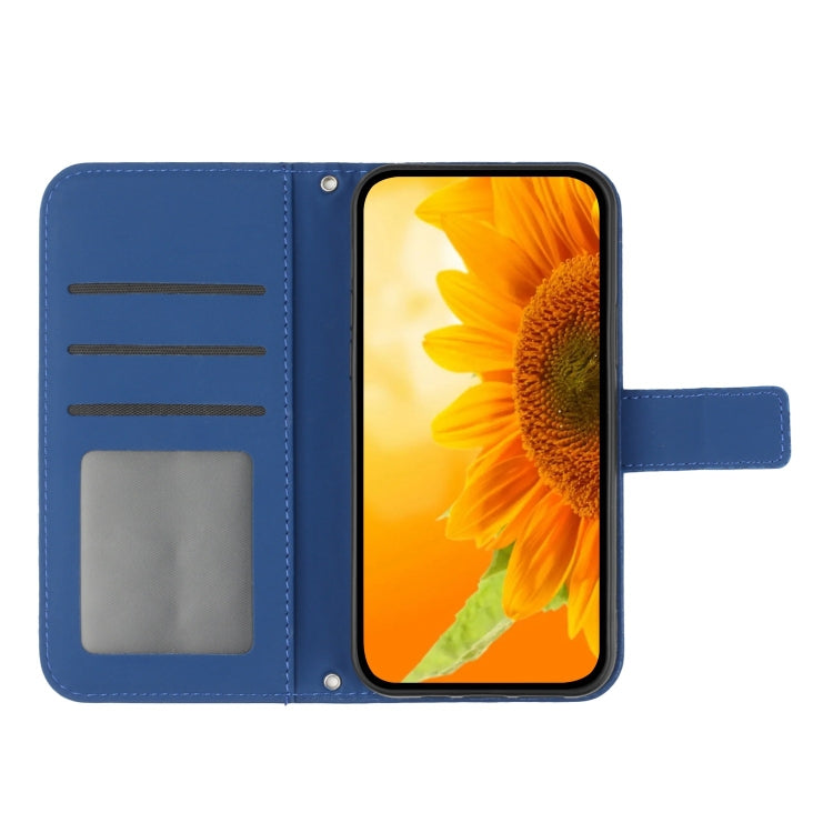 For iPhone 16 Skin Feel Sun Flower Embossed Flip Leather Phone Case with Lanyard(Dark Blue) - iPhone 16 Cases by buy2fix | Online Shopping UK | buy2fix