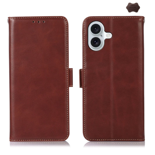 For iPhone 16 Plus Crazy Horse Top Layer Cowhide Leather Phone Case(Brown) - iPhone 16 Plus Cases by buy2fix | Online Shopping UK | buy2fix