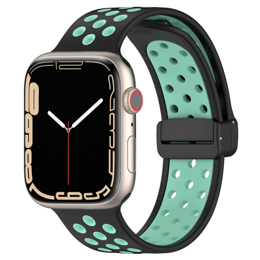 For Apple Watch 2 42mm Magnetic Buckle Silicone Watch Band(Black Cyan) - Watch Bands by buy2fix | Online Shopping UK | buy2fix