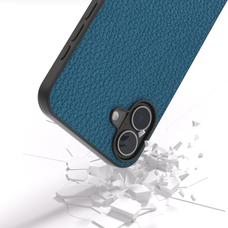 For iPhone 16 Plus ABEEL Genuine Leather Litchi Texture Phone Case(Blue) - iPhone 16 Plus Cases by buy2fix | Online Shopping UK | buy2fix