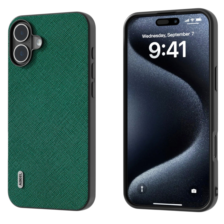 For iPhone 16 Plus ABEEL Cross Texture Genuine Leather Phone Case(Green) - iPhone 16 Plus Cases by buy2fix | Online Shopping UK | buy2fix