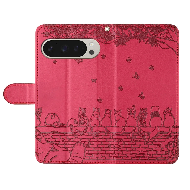 For Google Pixel 9 Pro XL Cat Embossing Pattern Leather Phone Case with Lanyard(Red) - Google Cases by buy2fix | Online Shopping UK | buy2fix