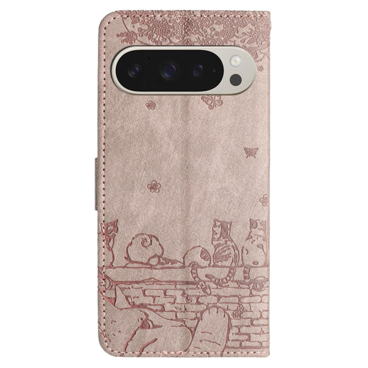 For Google Pixel 9 Pro XL Cat Embossing Pattern Leather Phone Case with Lanyard(Grey) - Google Cases by buy2fix | Online Shopping UK | buy2fix