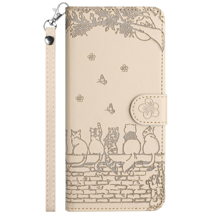 For iPhone 16 Cat Embossing Pattern Leather Phone Case with Lanyard(Beige) - iPhone 16 Cases by buy2fix | Online Shopping UK | buy2fix