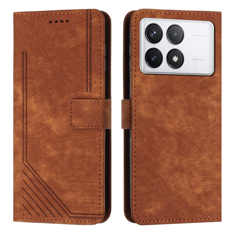 For Xiaomi Redmi K70 / K70 Pro Skin Feel Stripe Pattern Leather Phone Case with Long Lanyard(Brown) - K70 Pro Cases by buy2fix | Online Shopping UK | buy2fix