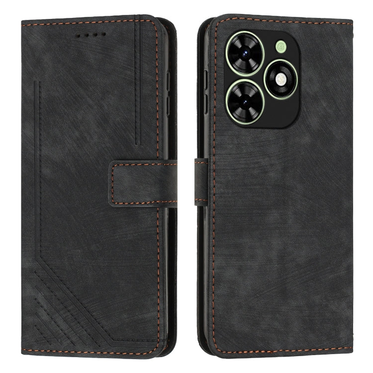 For Infinix Smart 8 Skin Feel Stripe Pattern Leather Phone Case with Lanyard(Black) - Infinix Cases by buy2fix | Online Shopping UK | buy2fix