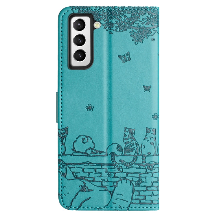 For Samsung Galaxy S22 Cat Embossing Pattern Leather Phone Case with Lanyard(Blue) - Galaxy S22 5G Cases by buy2fix | Online Shopping UK | buy2fix