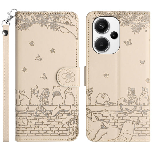 For Xiaomi Redmi Note 13 Pro+ Cat Embossing Pattern Leather Phone Case with Lanyard(Beige) - Note 13 Pro+ Cases by buy2fix | Online Shopping UK | buy2fix