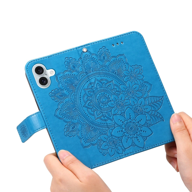 For iPhone 16 Plus 7-petal Flowers Embossing Leather Phone Case(Blue) - iPhone 16 Plus Cases by buy2fix | Online Shopping UK | buy2fix