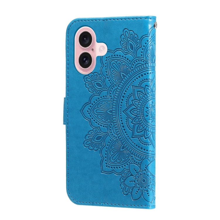 For iPhone 16 7-petal Flowers Embossing Leather Phone Case(Blue) - iPhone 16 Cases by buy2fix | Online Shopping UK | buy2fix