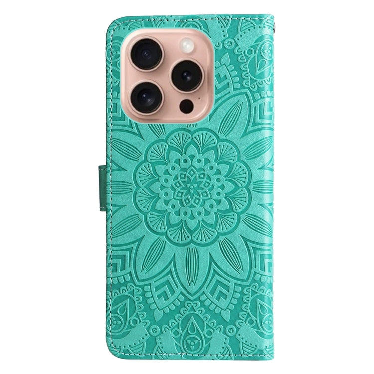 For iPhone 16 Pro Embossed Sunflower Leather Phone Case(Green) - iPhone 16 Pro Cases by buy2fix | Online Shopping UK | buy2fix