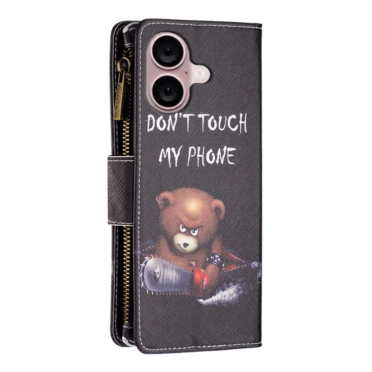 For iPhone 16 Plus Colored Drawing Pattern Zipper Phone Leather Case(Bear) - iPhone 16 Plus Cases by buy2fix | Online Shopping UK | buy2fix