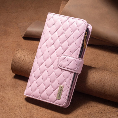 For iPhone 16 Diamond Lattice Zipper Wallet Leather Flip Phone Case(Pink) - iPhone 16 Cases by buy2fix | Online Shopping UK | buy2fix