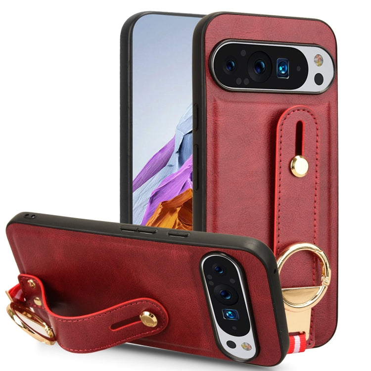 For Google Pixel 9 Pro Wristband Leather Back Phone Case(Red) - Google Cases by buy2fix | Online Shopping UK | buy2fix