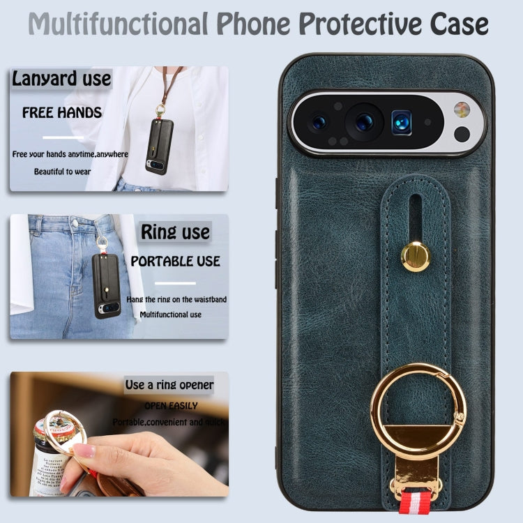 For Google Pixel 9 Pro XL Wristband Leather Back Phone Case(Blue) - Google Cases by buy2fix | Online Shopping UK | buy2fix