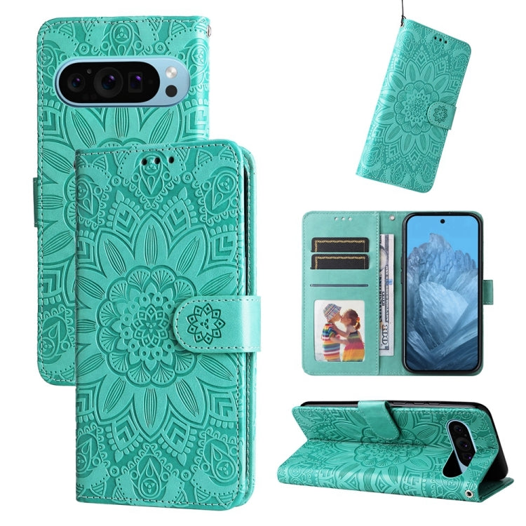 For Google Pixel 9 Embossed Sunflower Leather Phone Case(Green) - Google Cases by buy2fix | Online Shopping UK | buy2fix