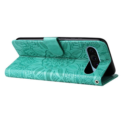 For Google Pixel 9 Embossed Sunflower Leather Phone Case(Green) - Google Cases by buy2fix | Online Shopping UK | buy2fix