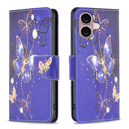 For iPhone 16 Colored Drawing Pattern Flip Leather Phone Case(Purple Butterfly) - iPhone 16 Cases by buy2fix | Online Shopping UK | buy2fix