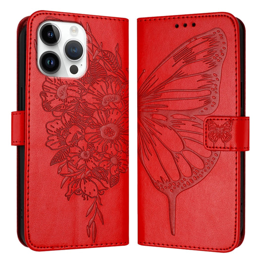 For iPhone 16 Pro Max Embossed Butterfly Leather Phone Case(Red) - iPhone 16 Pro Max Cases by buy2fix | Online Shopping UK | buy2fix