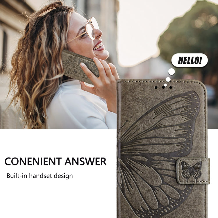 For iPhone 16 Pro Embossed Butterfly Leather Phone Case(Grey) - iPhone 16 Pro Cases by buy2fix | Online Shopping UK | buy2fix