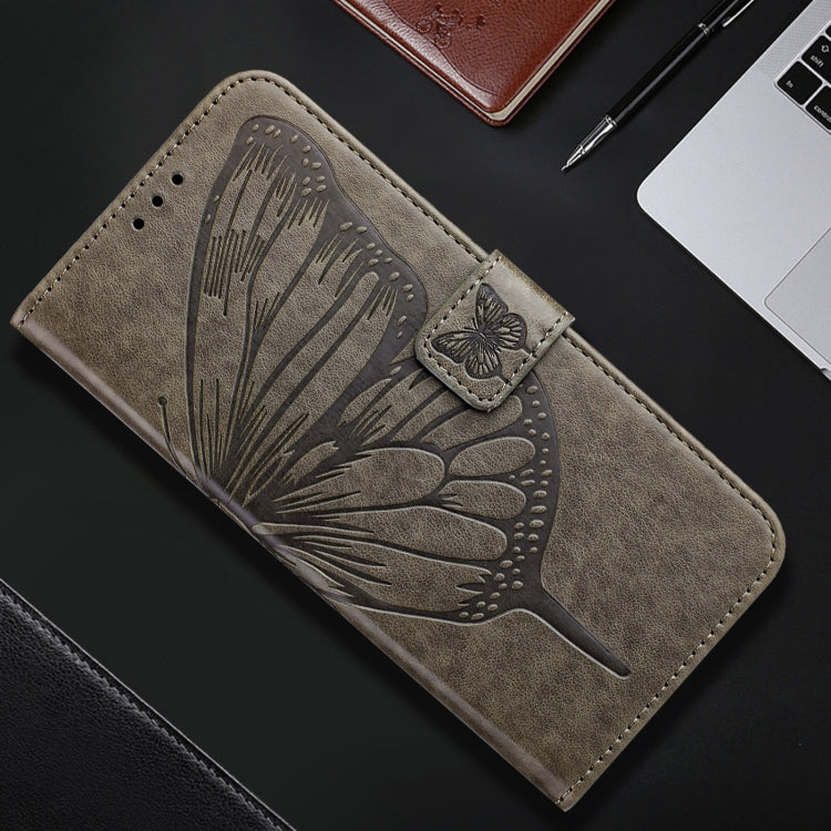 For iPhone 16 Plus Embossed Butterfly Leather Phone Case(Grey) - iPhone 16 Plus Cases by buy2fix | Online Shopping UK | buy2fix