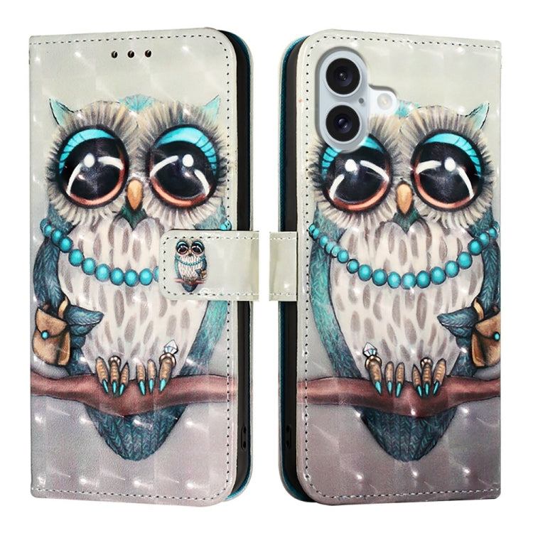 For iPhone 16 Plus 3D Painting Horizontal Flip Leather Phone Case(Grey Owl) - iPhone 16 Plus Cases by buy2fix | Online Shopping UK | buy2fix