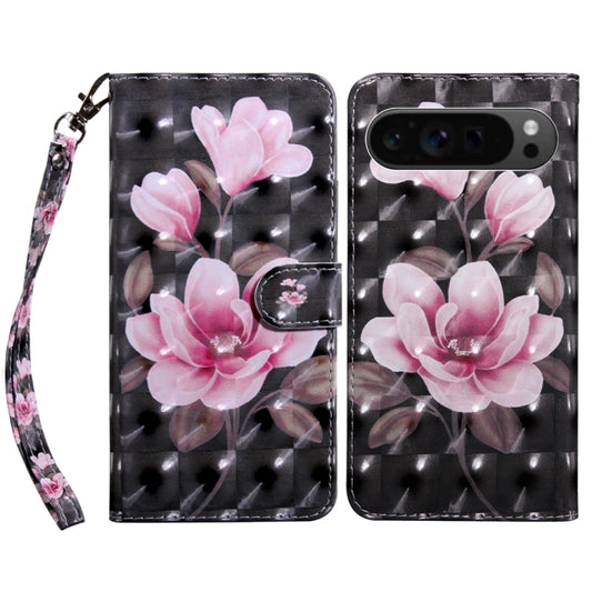 For Google Pixel 9 Pro 3D Painted Pattern Leather Phone Case(Pink Flower) - Google Cases by buy2fix | Online Shopping UK | buy2fix