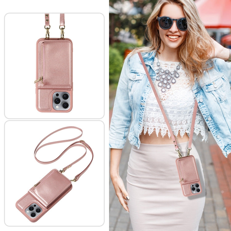 For iPhone 16 Pro Max Crossbody Lanyard Zipper Wallet Leather Phone Case(Rose Gold) - iPhone 16 Pro Max Cases by buy2fix | Online Shopping UK | buy2fix