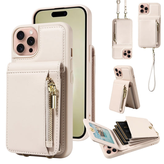 For iPhone 16 Pro Crossbody Lanyard Zipper Wallet Leather Phone Case(Beige) - iPhone 16 Pro Cases by buy2fix | Online Shopping UK | buy2fix