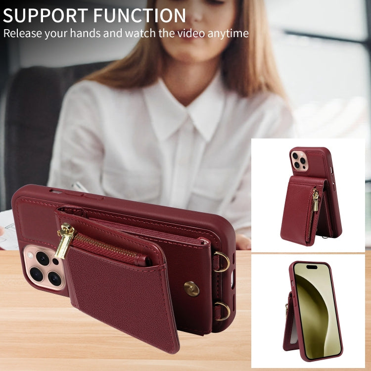 For iPhone 16 Pro Crossbody Lanyard Zipper Wallet Leather Phone Case(Wine Red) - iPhone 16 Pro Cases by buy2fix | Online Shopping UK | buy2fix