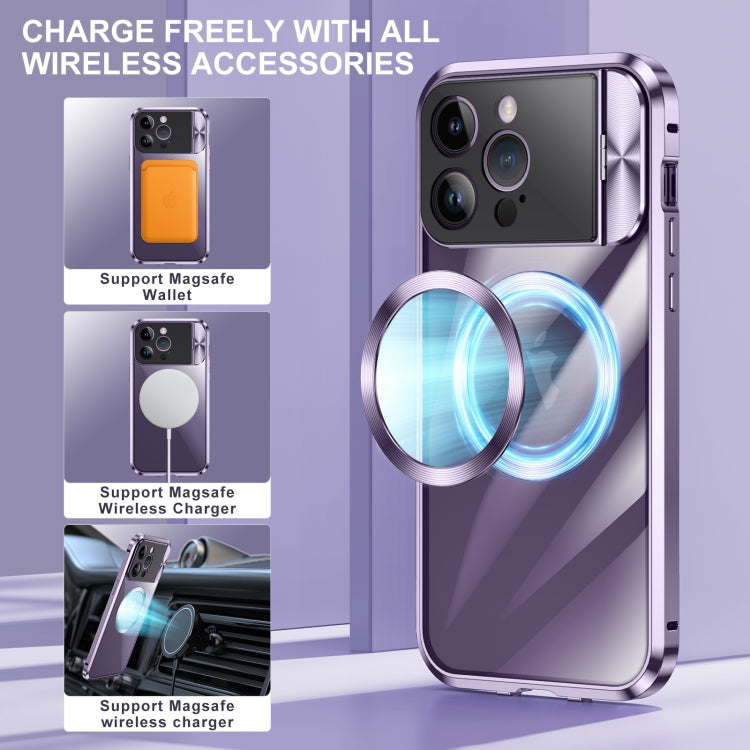 For iPhone 14 Pro Max Large Window Holder MagSafe Magnetic Metal Phone Case(Purple) - iPhone 14 Pro Max Cases by buy2fix | Online Shopping UK | buy2fix