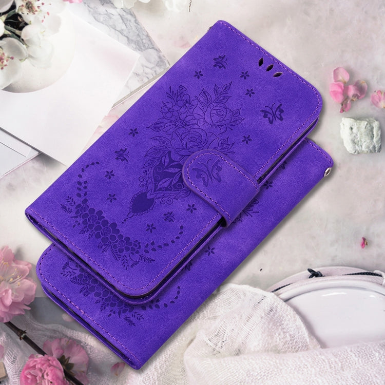 For Motorola Moto G Power 5G 2024 Butterfly Rose Embossed Leather Phone Case(Purple) - Motorola Cases by buy2fix | Online Shopping UK | buy2fix