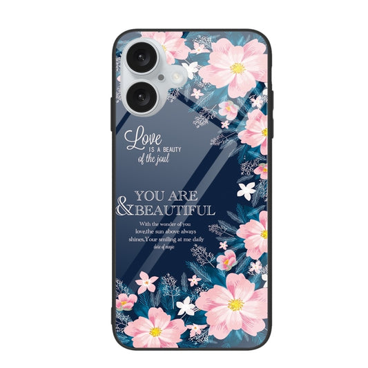 For iPhone 16 Plus Colorful Painted Glass Phone Case(Flower) - iPhone 16 Plus Cases by buy2fix | Online Shopping UK | buy2fix