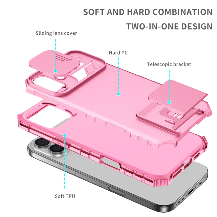 For iPhone 16 Stereoscopic Holder Sliding Camshield Phone Case(Pink) - iPhone 16 Cases by buy2fix | Online Shopping UK | buy2fix