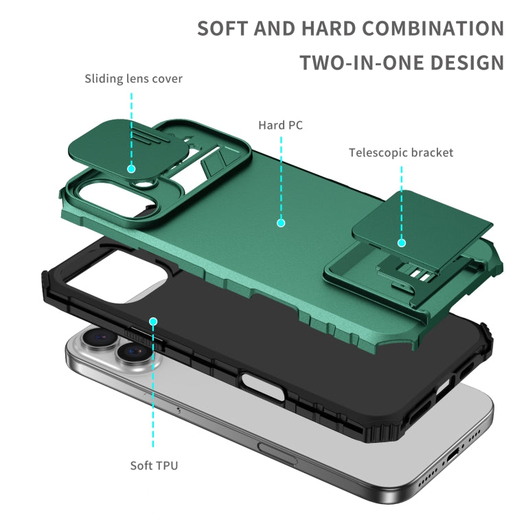 For iPhone 16 Stereoscopic Holder Sliding Camshield Phone Case(Green) - iPhone 16 Cases by buy2fix | Online Shopping UK | buy2fix