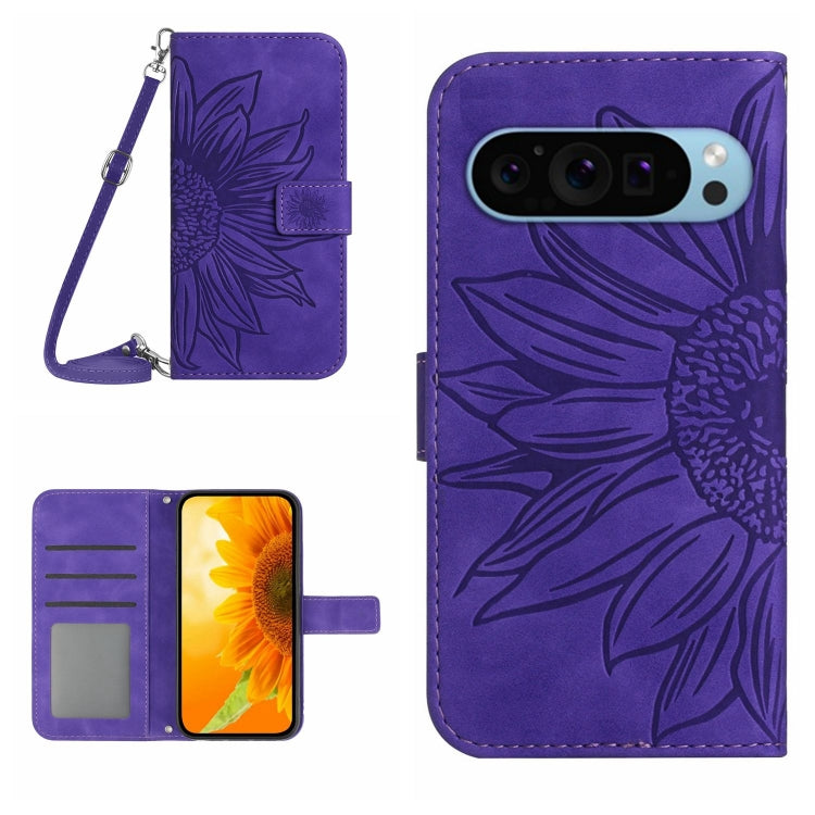 For Google Pixel 9 Skin Feel Sun Flower Embossed Flip Leather Phone Case with Lanyard(Dark Purple) - Google Cases by buy2fix | Online Shopping UK | buy2fix