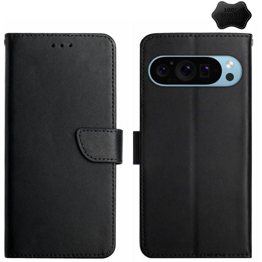 For Google Pixel 9 HT02 Genuine Leather Fingerprint-proof Flip Phone Case(Black) - Google Cases by buy2fix | Online Shopping UK | buy2fix