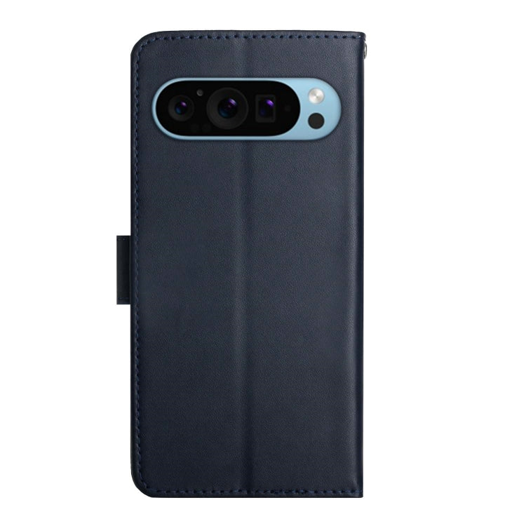 For Google Pixel 9 HT02 Genuine Leather Fingerprint-proof Flip Phone Case(Blue) - Google Cases by buy2fix | Online Shopping UK | buy2fix