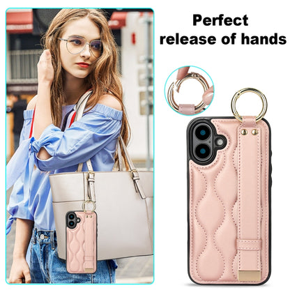 For iPhone 16 Plus Non-slip Full Coverage Ring PU Phone Case with Wristband(Rose Gold) - iPhone 16 Plus Cases by buy2fix | Online Shopping UK | buy2fix