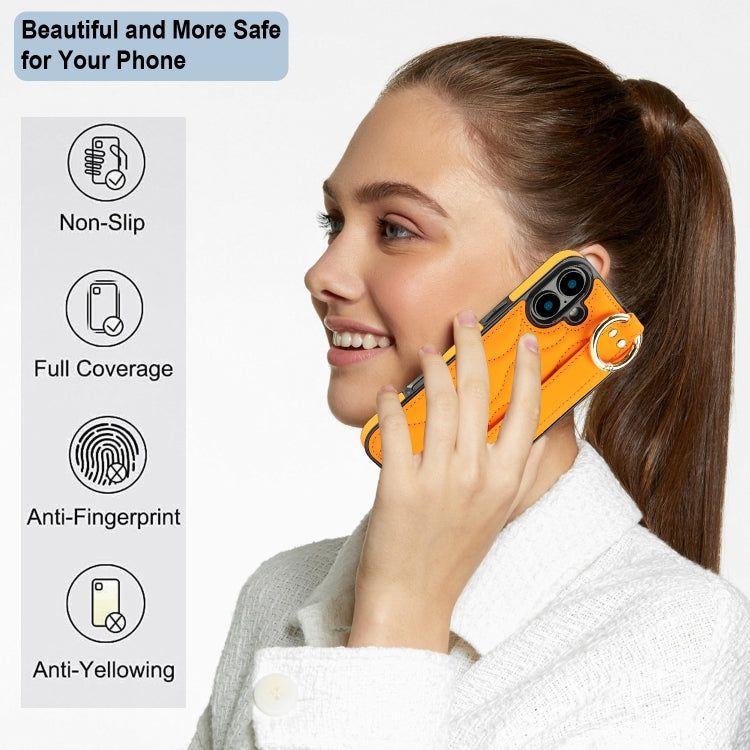 For iPhone 16 Plus Non-slip Full Coverage Ring PU Phone Case with Wristband(Orange) - iPhone 16 Plus Cases by buy2fix | Online Shopping UK | buy2fix