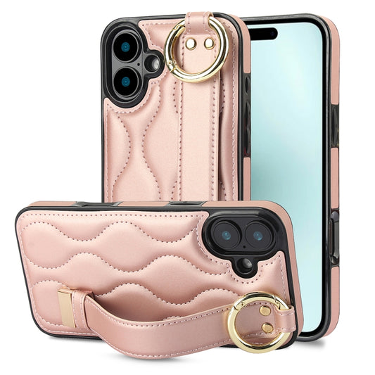 For iPhone 16 Non-slip Full Coverage Ring PU Phone Case with Wristband(Rose Gold) - iPhone 16 Cases by buy2fix | Online Shopping UK | buy2fix