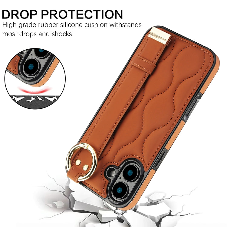 For iPhone 16 Non-slip Full Coverage Ring PU Phone Case with Wristband(Brown) - iPhone 16 Cases by buy2fix | Online Shopping UK | buy2fix