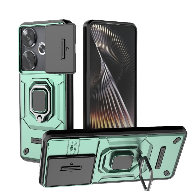 For Xiaomi Redmi Turbo 3 5G Sliding Camshield TPU + PC Shockproof Phone Case with Holder(Green) - Xiaomi Cases by buy2fix | Online Shopping UK | buy2fix