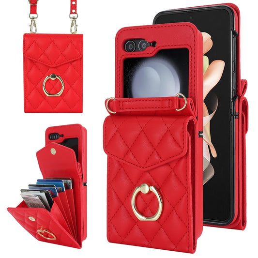 For Samsung Galaxy Z Flip6 Diamond Lattice RFID Card Slot Phone Case with Ring Holder(Red) - Galaxy Z Flip6 5G Cases by buy2fix | Online Shopping UK | buy2fix