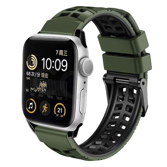 For Apple Watch Series 3 42mm Twill Dual-row Buckle Silicone Watch Band(Army Green Black) - Watch Bands by buy2fix | Online Shopping UK | buy2fix