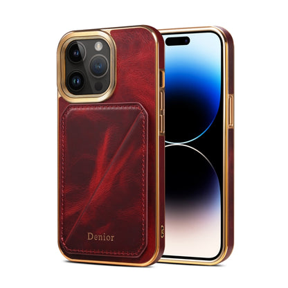 For iPhone 15 Pro Max Denior Oil Wax Leather Electroplating Card Slot Holder Phone Case(Red) - iPhone 15 Pro Max Cases by Denior | Online Shopping UK | buy2fix