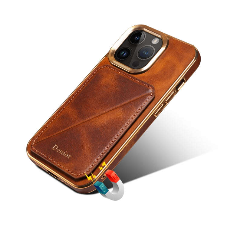 For iPhone 15 Pro Max Denior Oil Wax Leather Electroplating Card Slot Holder Phone Case(Brown) - iPhone 15 Pro Max Cases by Denior | Online Shopping UK | buy2fix