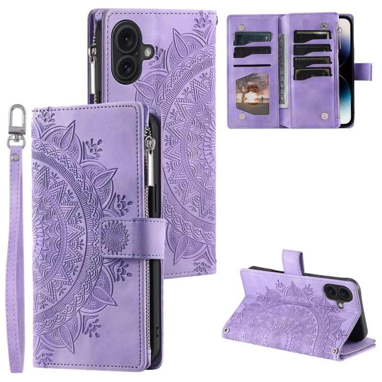 For iPhone 16 Plus Multi-Card Totem Zipper Leather Phone Case(Purple) - iPhone 16 Plus Cases by buy2fix | Online Shopping UK | buy2fix