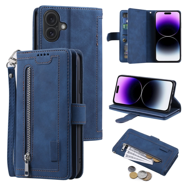 For iPhone 16 Plus Nine Card Zipper Bag Leather Phone Case with Lanyard(Blue) - iPhone 16 Plus Cases by buy2fix | Online Shopping UK | buy2fix